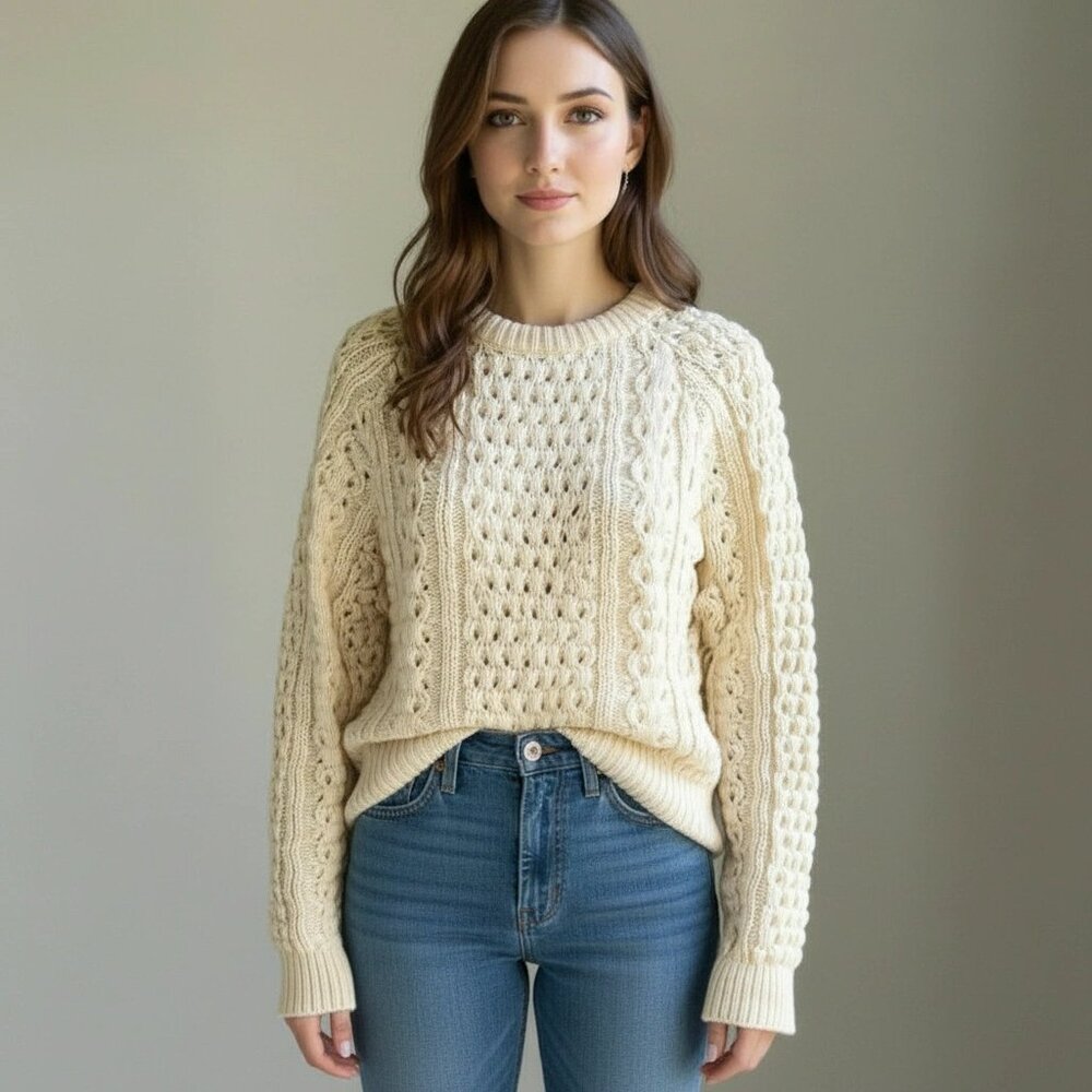 Vintage Bonner Ireland Cream Fisherman Sweater Chunky Wool Cableknit Size Medium